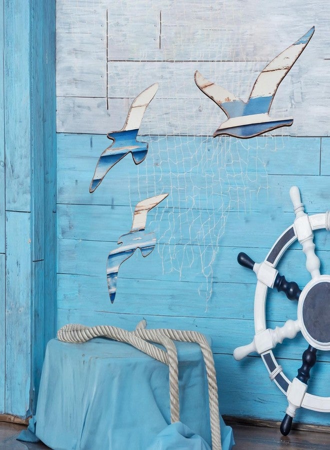 OQUQO 3Pcs Wooden Seagull Wall Art Decor Set, Rustic Coastal Birds with Metal Hooks, Beach House Bathroom Ocean Theme Hanging Decoration (GradientSeagull) - Image 5